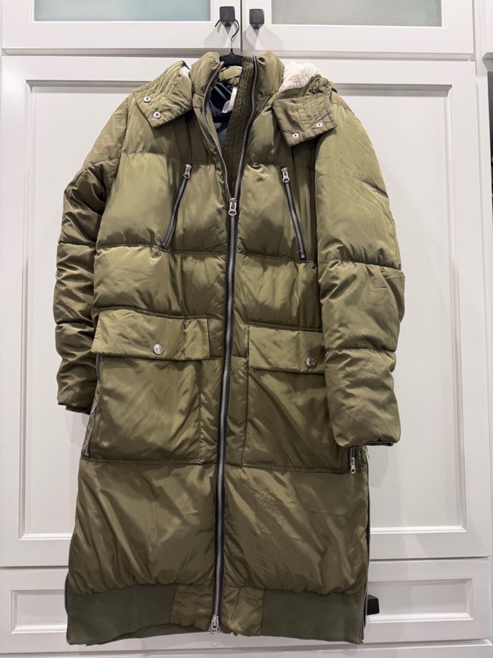 Free People Olive Green Long Quilted Puffer Coat with Hood
